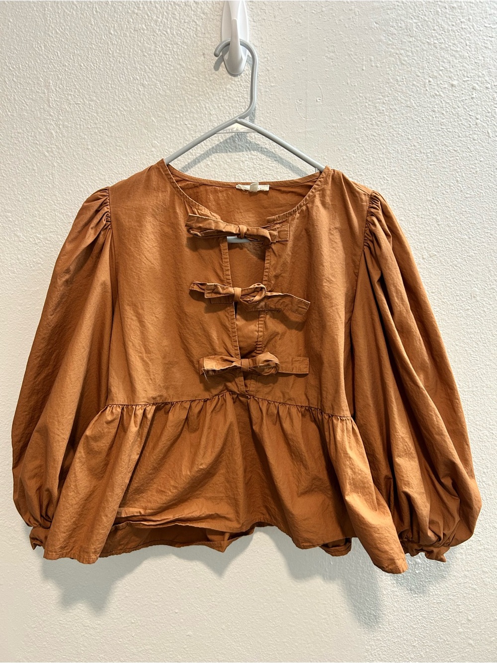 Rust Brown Peasant Peplum Top with Tie Front